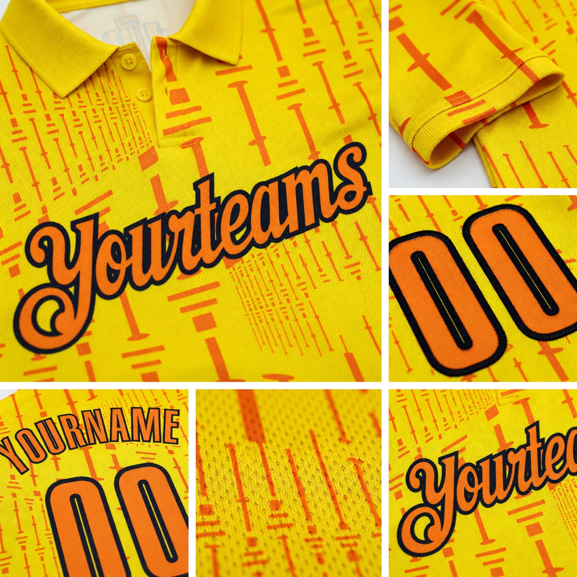 Custom Light Yellow Bay Orange-Black Geometric Line Performance Polo Shirt detail