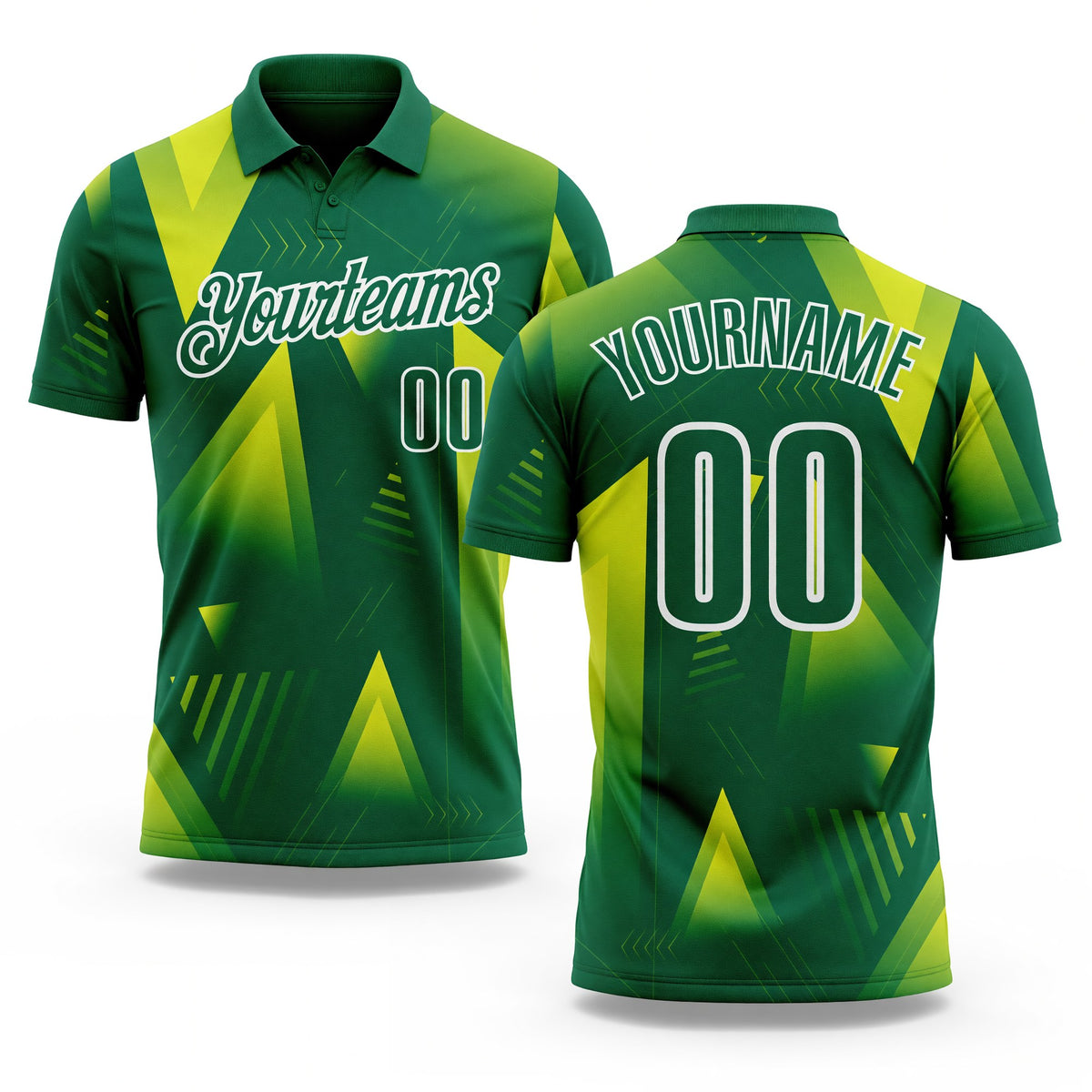 Custom Kelly Green Neon Yellow-White Gradient Geometric Performance Polo Shirt