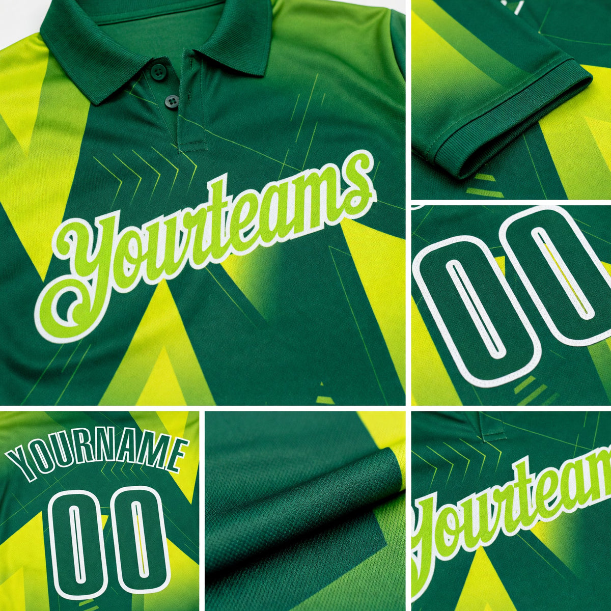 Custom Kelly Green Neon Yellow-White Gradient Geometric Performance Polo Shirt detail
