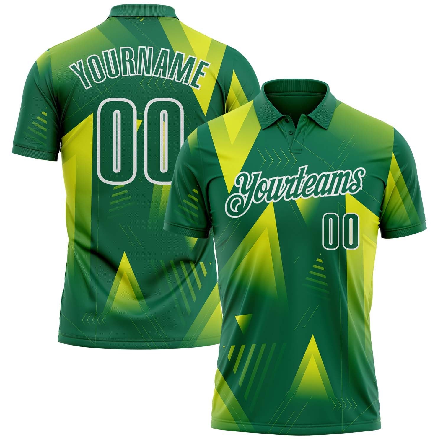 Custom Kelly Green Neon Yellow-White Gradient Geometric Performance Polo Shirt photo 1