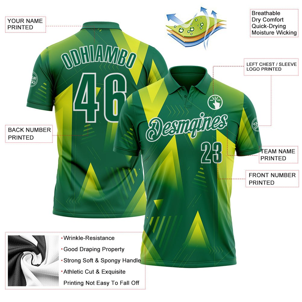 Custom Kelly Green Neon Yellow-White Gradient Geometric Performance Polo Shirt photo 3
