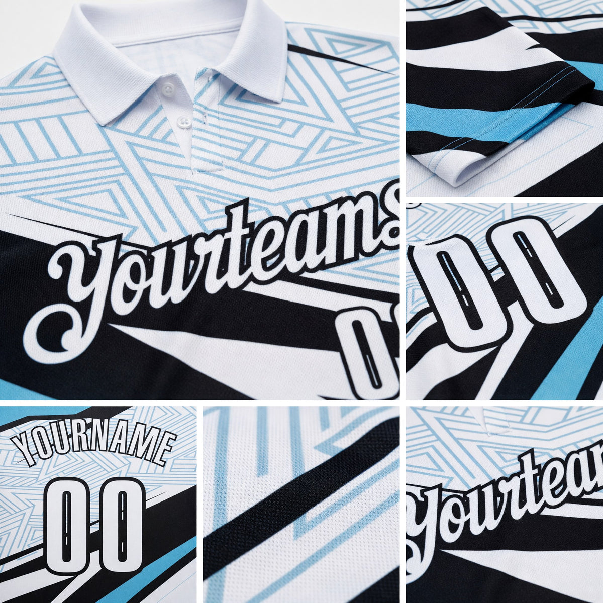 Custom White Shadow Blue-Black Geometric Lines Performance Polo Shirt detail