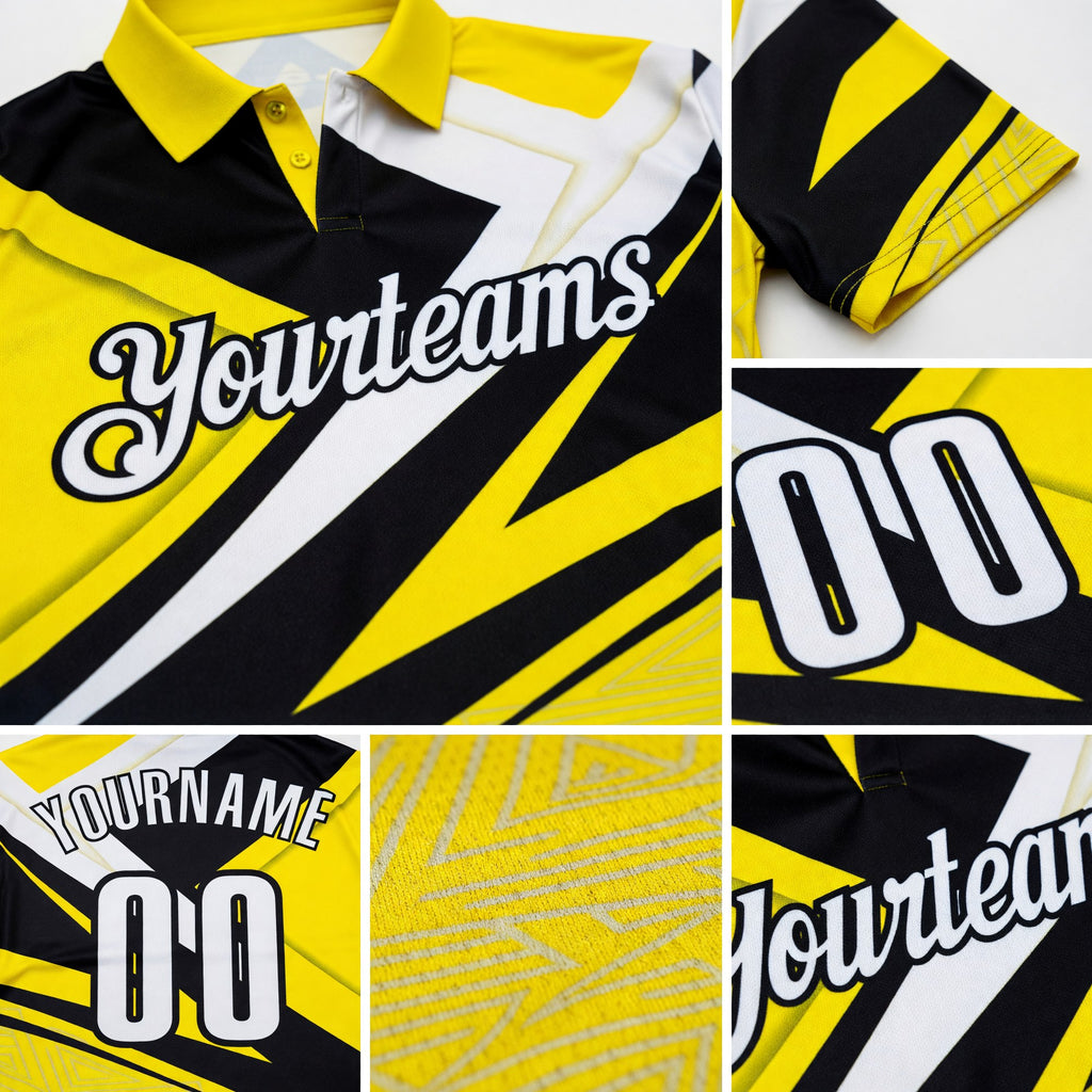 Custom Light Yellow White-Black Geometric Lines Performance Polo Shirt detail