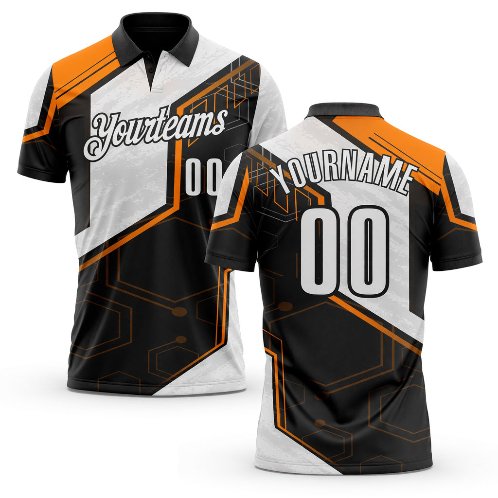 Custom Black White-Bay Orange Tech Geometric Performance Polo Shirt