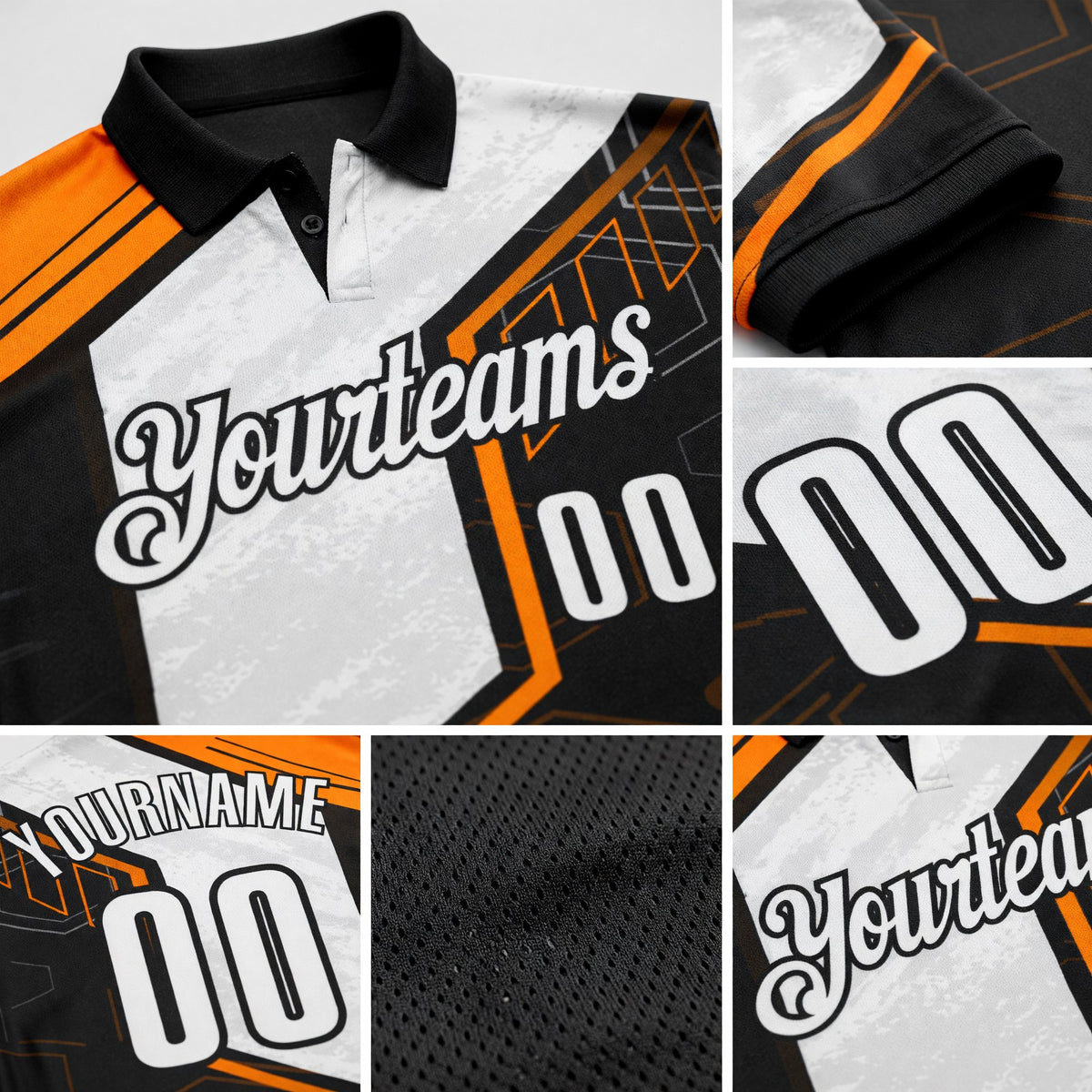 Custom Black White-Bay Orange Tech Geometric Performance Polo Shirt detail