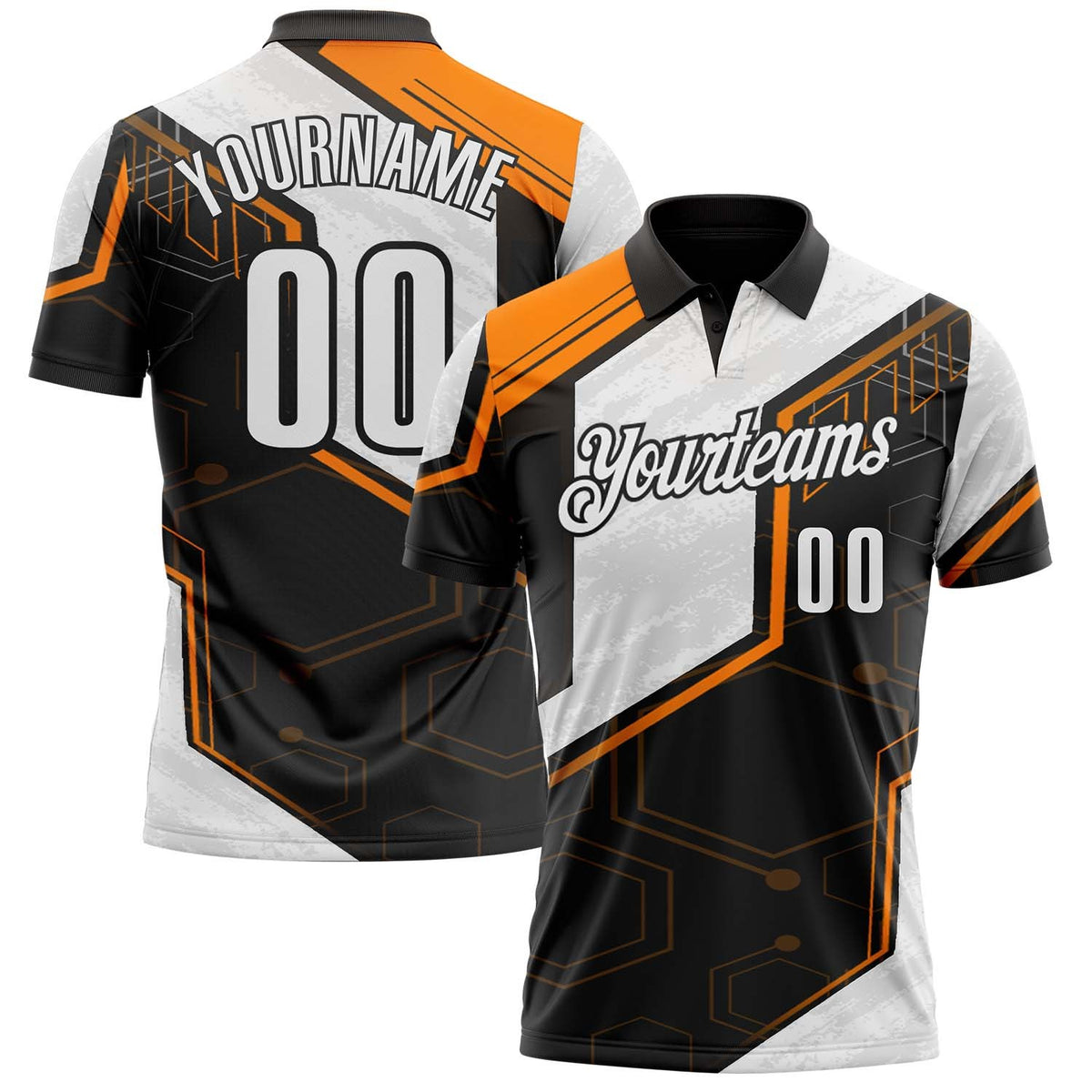 Custom Black White-Bay Orange Tech Geometric Performance Polo Shirt photo 1