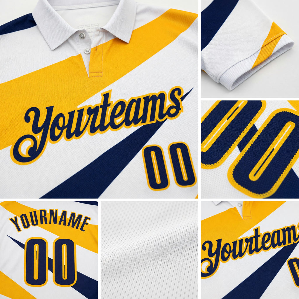 Custom White Navy-Gold Geometric Lines Performance Polo Shirt detail