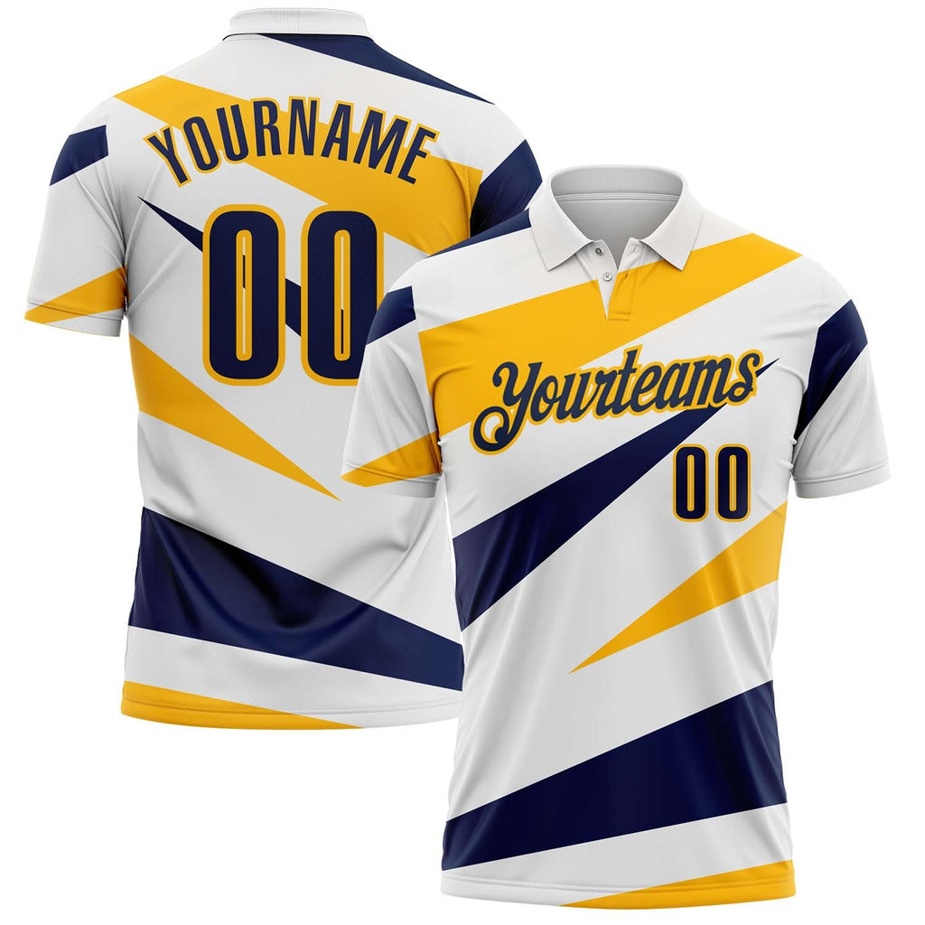 Custom White Navy-Gold Geometric Lines Performance Polo Shirt photo 1