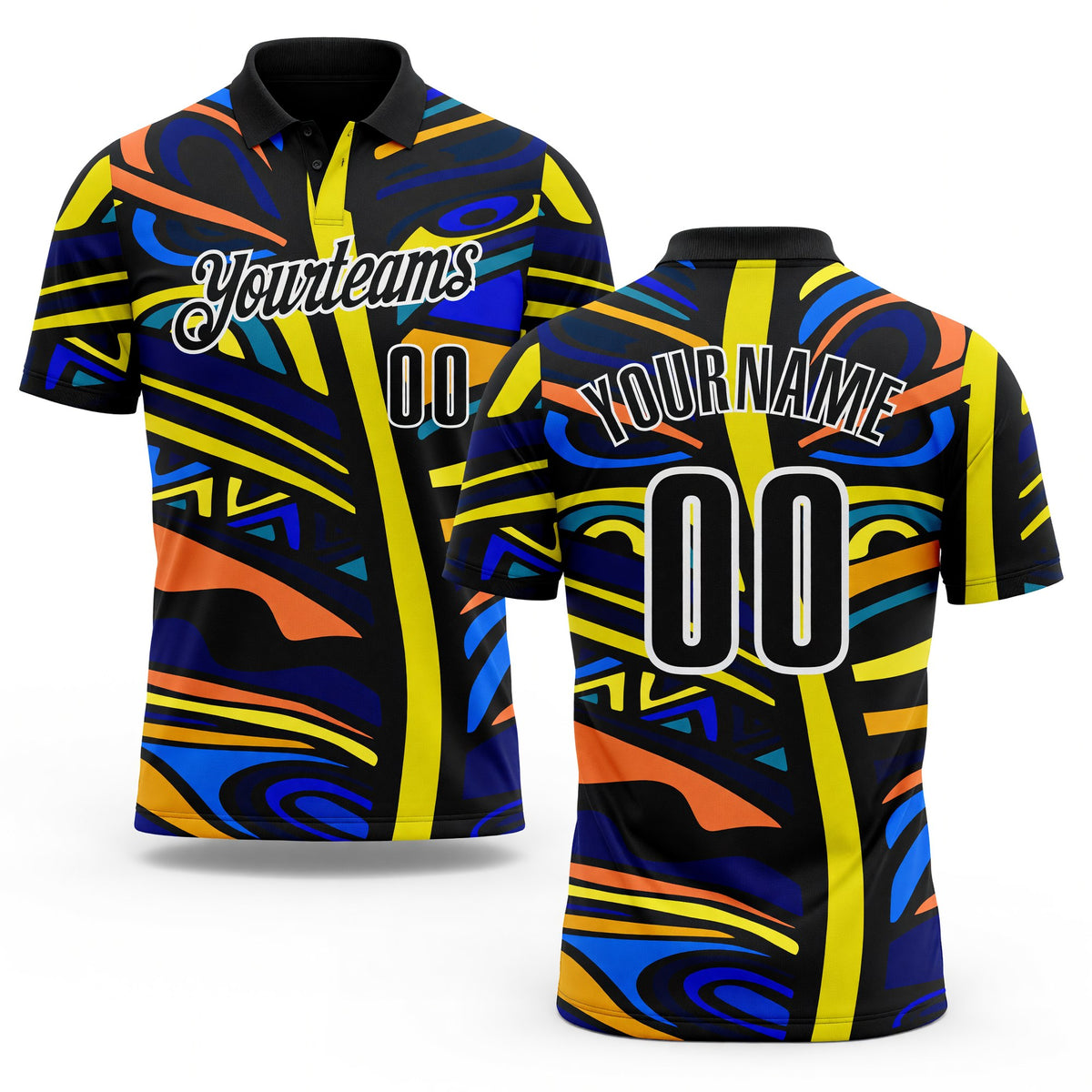Custom Black Yellow Blue Orange-White Abstract Geometric Graffiti Performance Polo Shirt