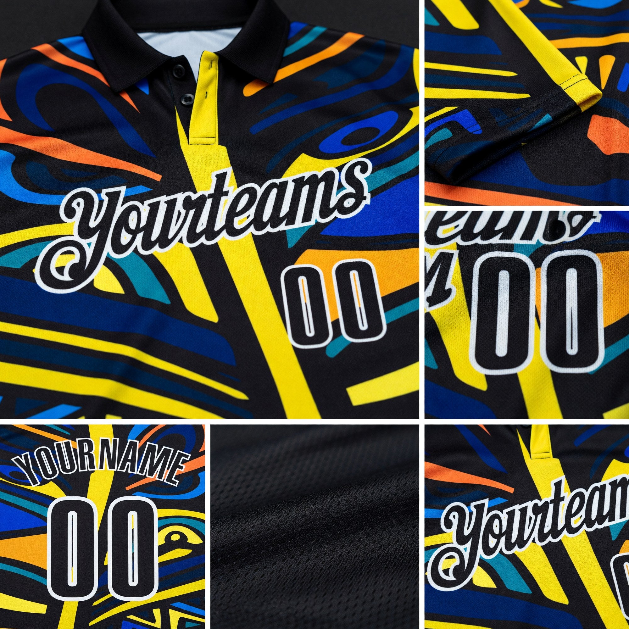Custom Black Yellow Blue Orange-White Abstract Geometric Graffiti Performance Polo Shirt detail