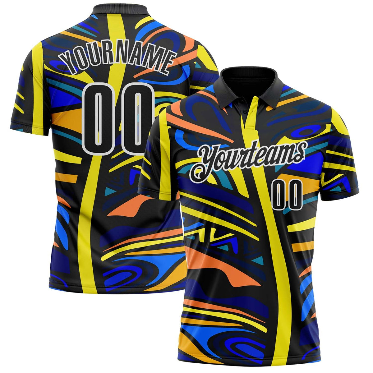 Custom Black Yellow Blue Orange-White Abstract Geometric Graffiti Performance Polo Shirt photo 1