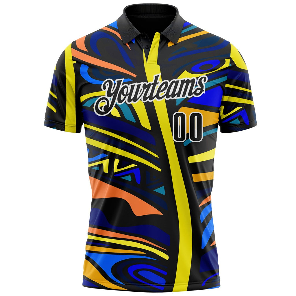 Custom Black Yellow Blue Orange-White Abstract Geometric Graffiti Performance Polo Shirt photo 2