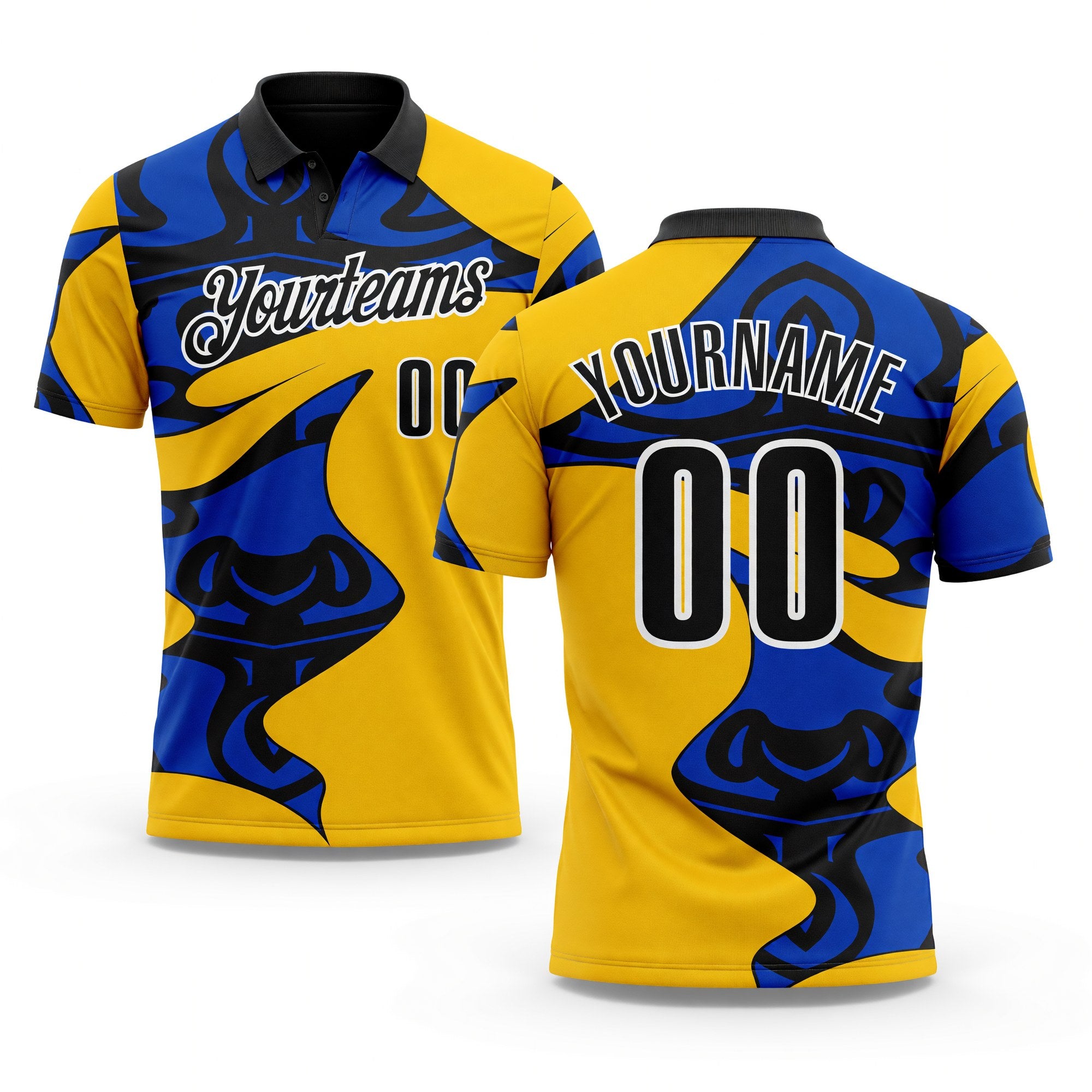 Custom Yellow Black Thunder Blue-White Abstract Geometric Performance Polo Shirt