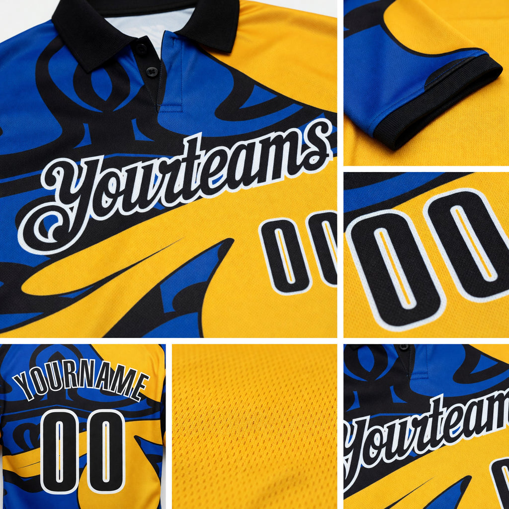 Custom Yellow Black Thunder Blue-White Abstract Geometric Performance Polo Shirt detail