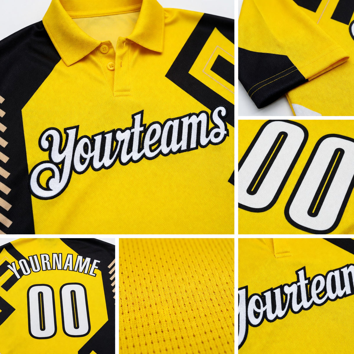 Custom Light Yellow White-Black Tribal Geometric Performance Polo Shirt detail
