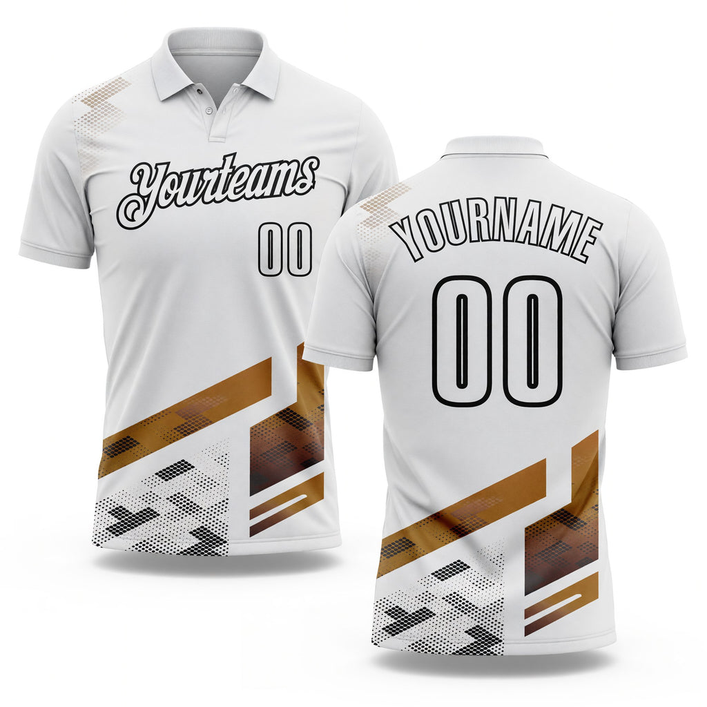 Custom White Old Gold-Black Geometric Grid & Stripe Performance Polo Shirt