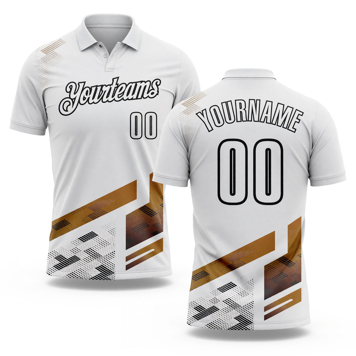 Custom White Old Gold-Black Geometric Grid & Stripe Performance Polo Shirt