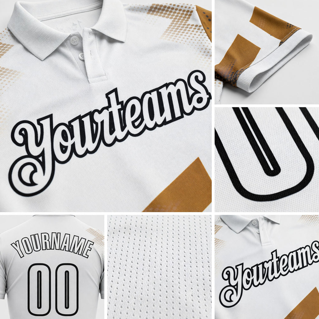 Custom White Old Gold-Black Geometric Grid & Stripe Performance Polo Shirt detail