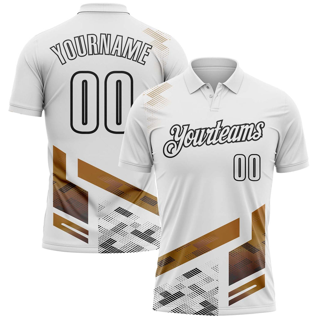 Custom White Old Gold-Black Geometric Grid & Stripe Performance Polo Shirt photo 1