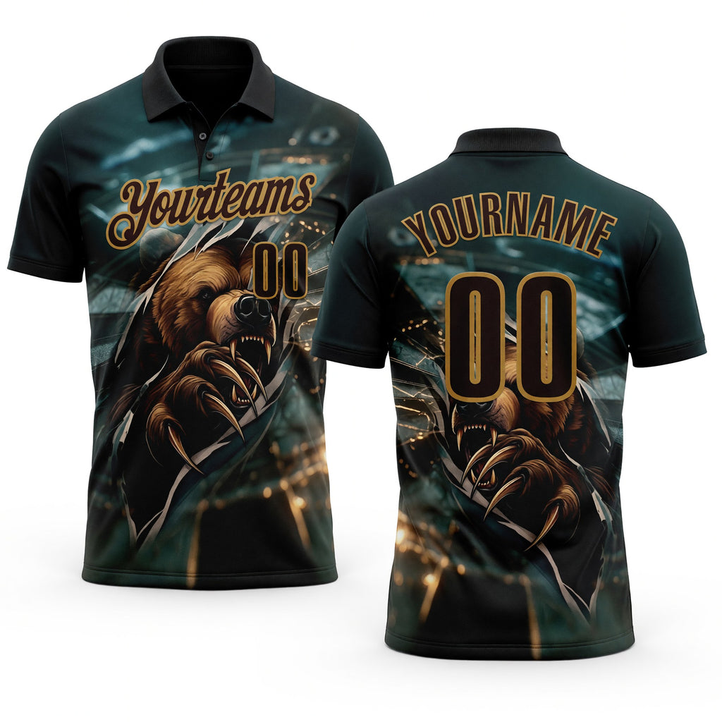 Custom Blue Brown-Old Gold Darts Bear Dartboard Performance Polo Shirt