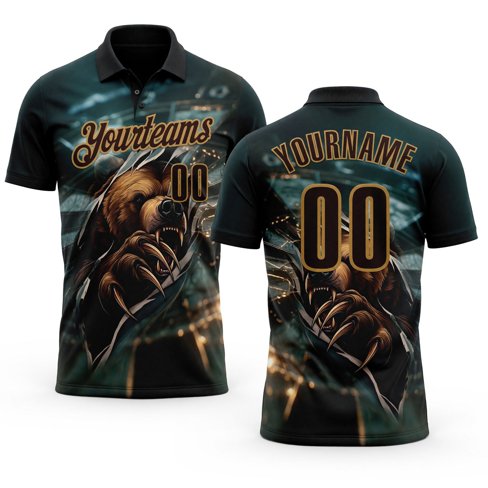 Custom Blue Brown-Old Gold Darts Bear Dartboard Performance Polo Shirt