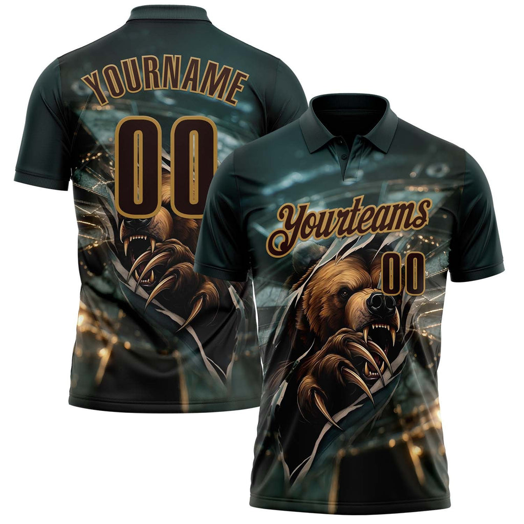 Custom Blue Brown-Old Gold Darts Bear Dartboard Performance Polo Shirt photo 1