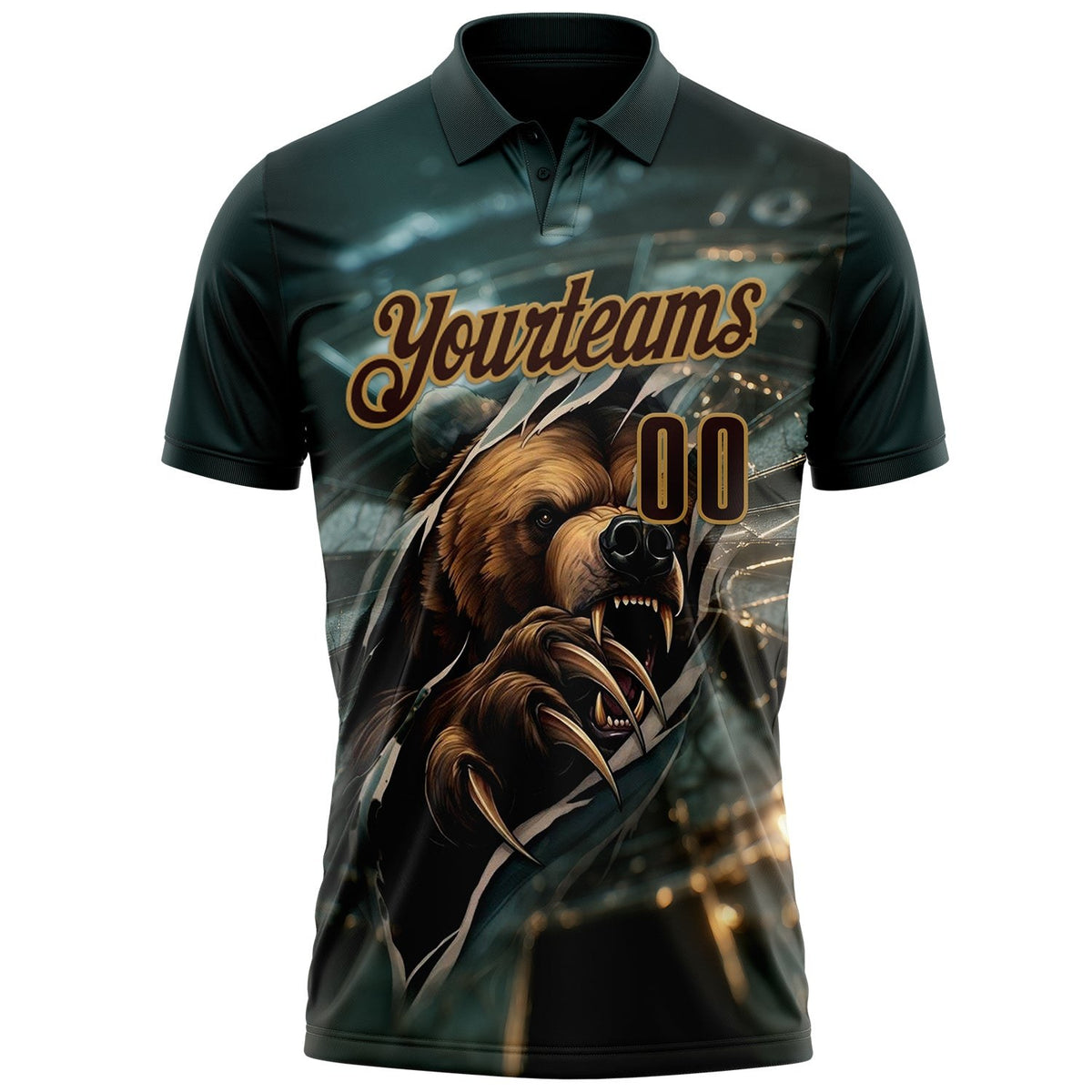 Custom Blue Brown-Old Gold Darts Bear Dartboard Performance Polo Shirt photo 2