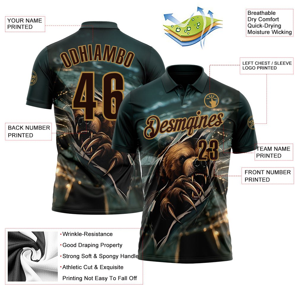 Custom Blue Brown-Old Gold Darts Bear Dartboard Performance Polo Shirt photo 3