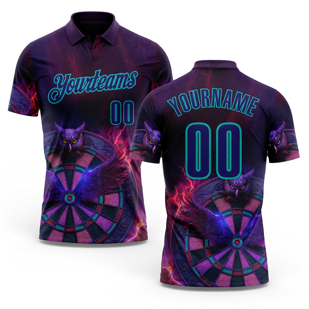 Custom Purple Dark Purple-Aqua Darts Owl Fire Dartboard Performance Polo Shirt