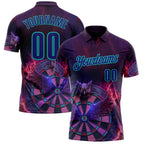 Custom Purple Dark Purple-Aqua Darts Owl Fire Dartboard Performance Polo Shirt photo 1