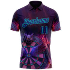 Custom Purple Dark Purple-Aqua Darts Owl Fire Dartboard Performance Polo Shirt photo 2
