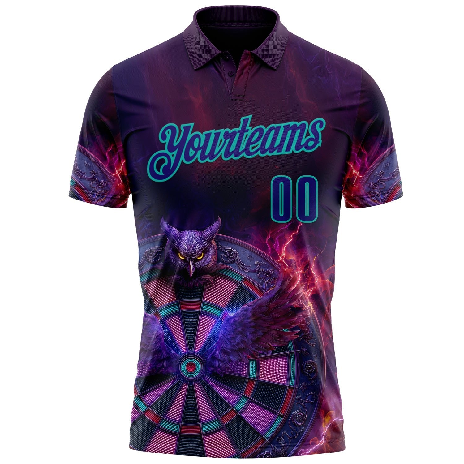 Custom Purple Dark Purple-Aqua Darts Owl Fire Dartboard Performance Polo Shirt photo 2