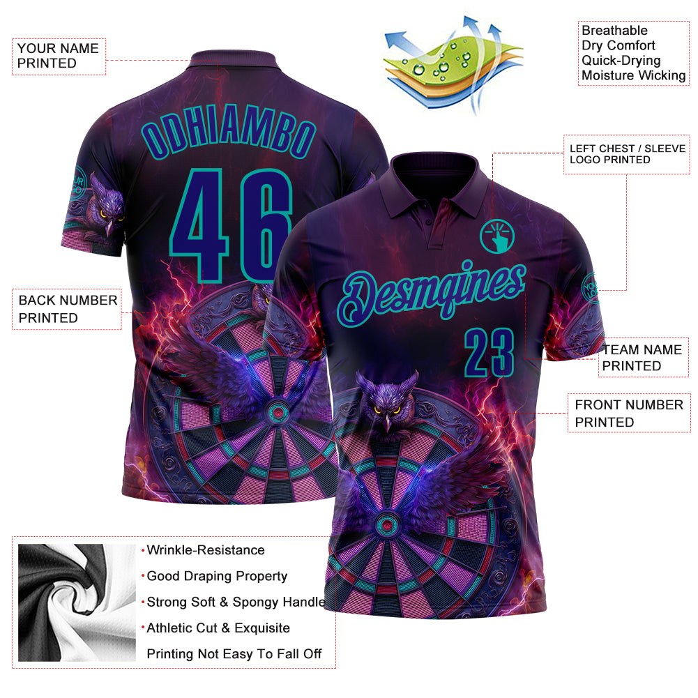 Custom Purple Dark Purple-Aqua Darts Owl Fire Dartboard Performance Polo Shirt photo 3