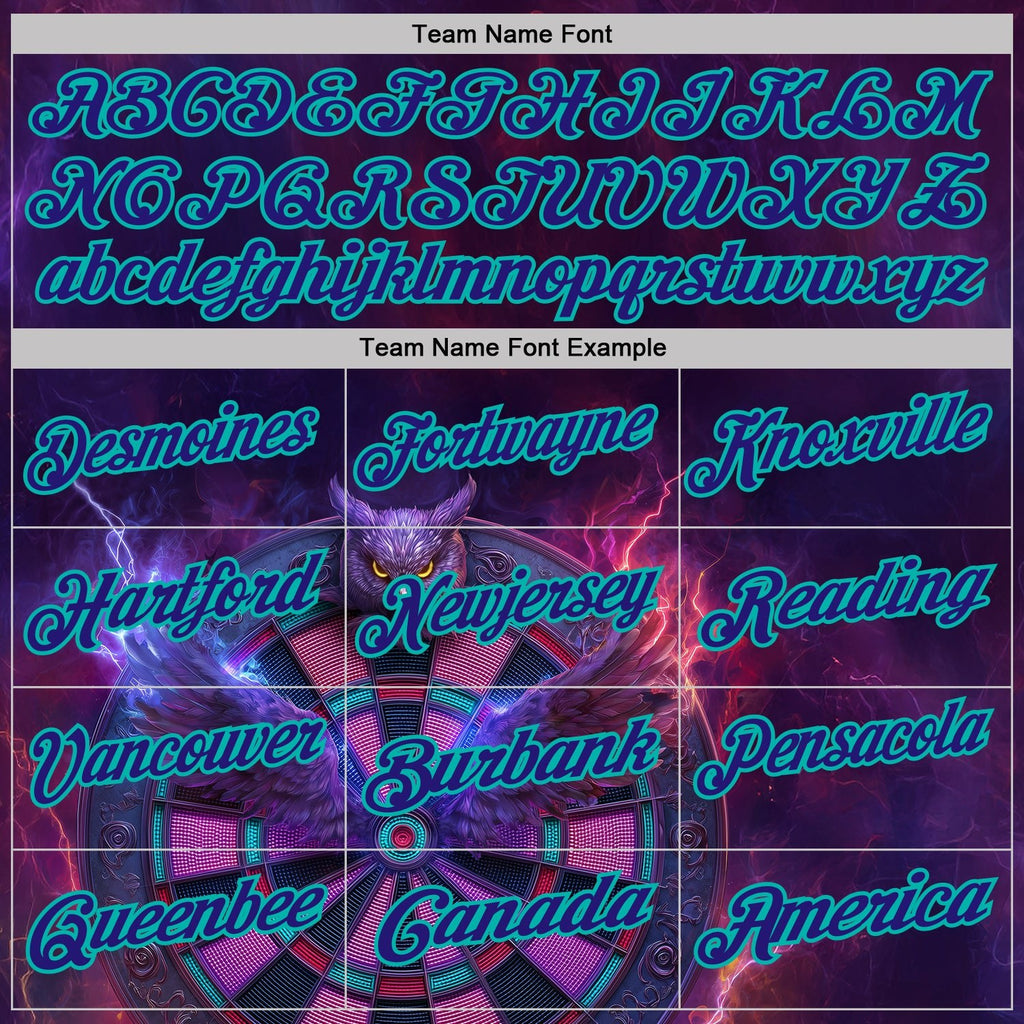 Custom Purple Dark Purple-Aqua Darts Owl Fire Dartboard Performance Polo Shirt photo 4