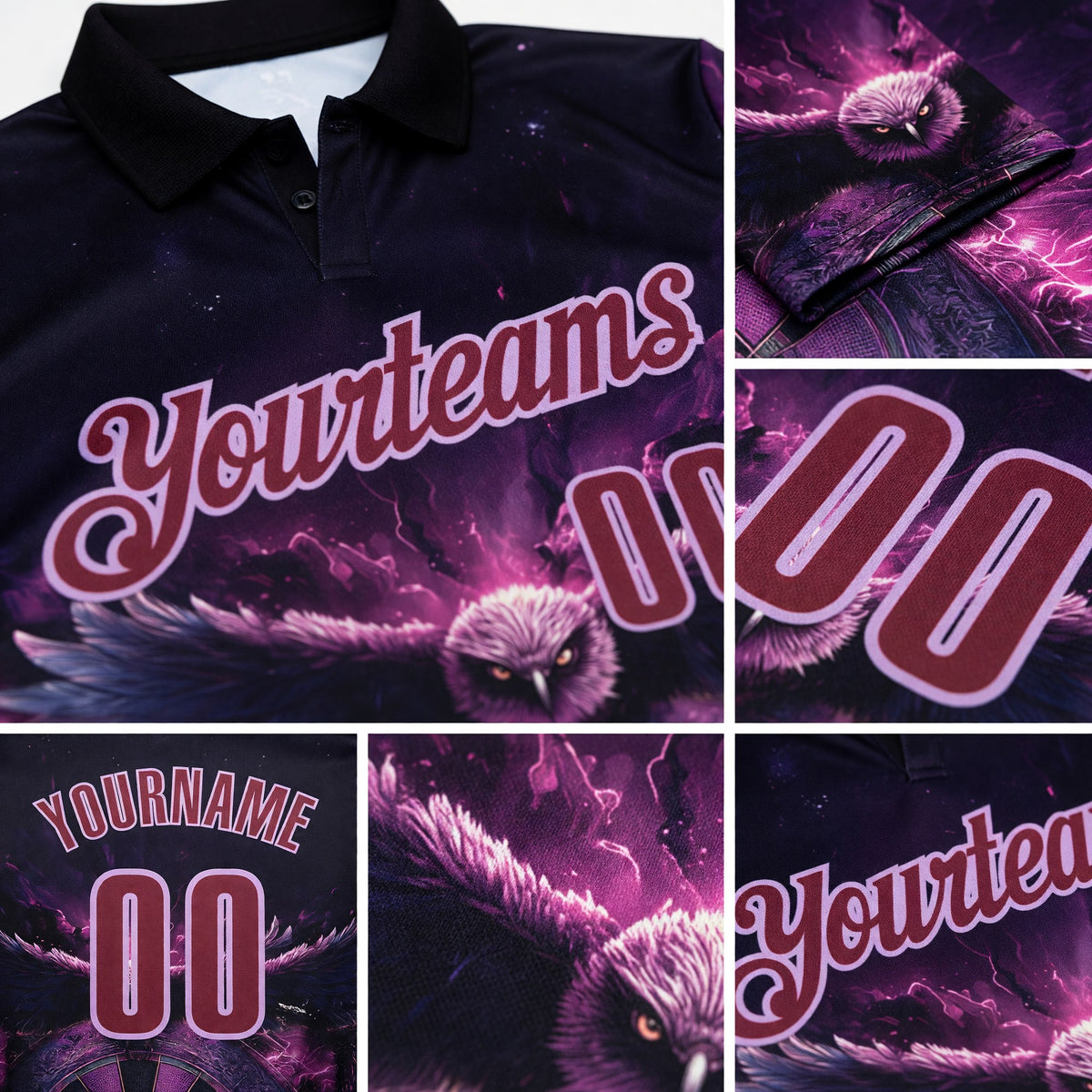 Custom Black Burgundy-Light Purple Darts Eagle Fire Dartboard Performance Polo Shirt detail