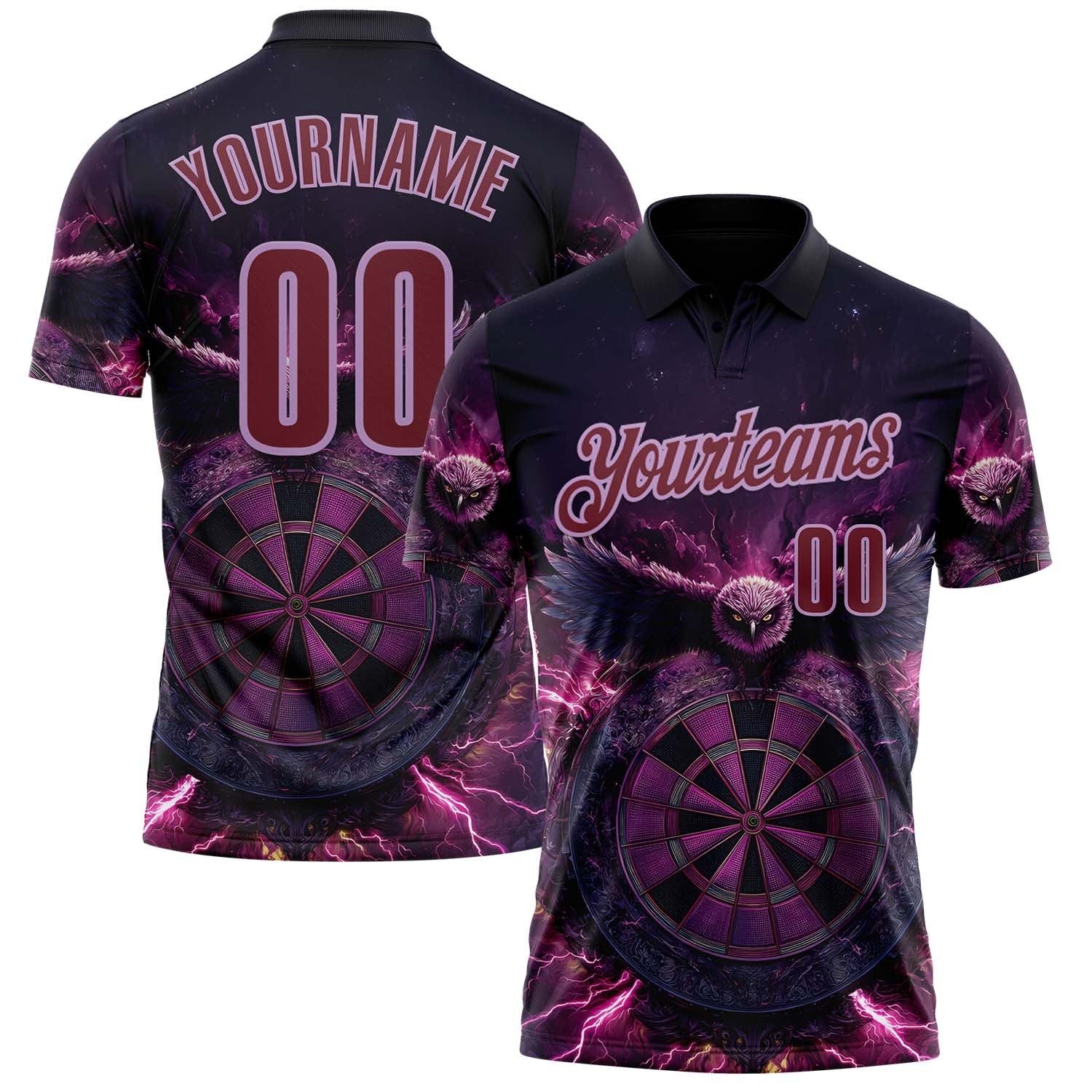Custom Black Burgundy-Light Purple Darts Eagle Fire Dartboard Performance Polo Shirt photo 1