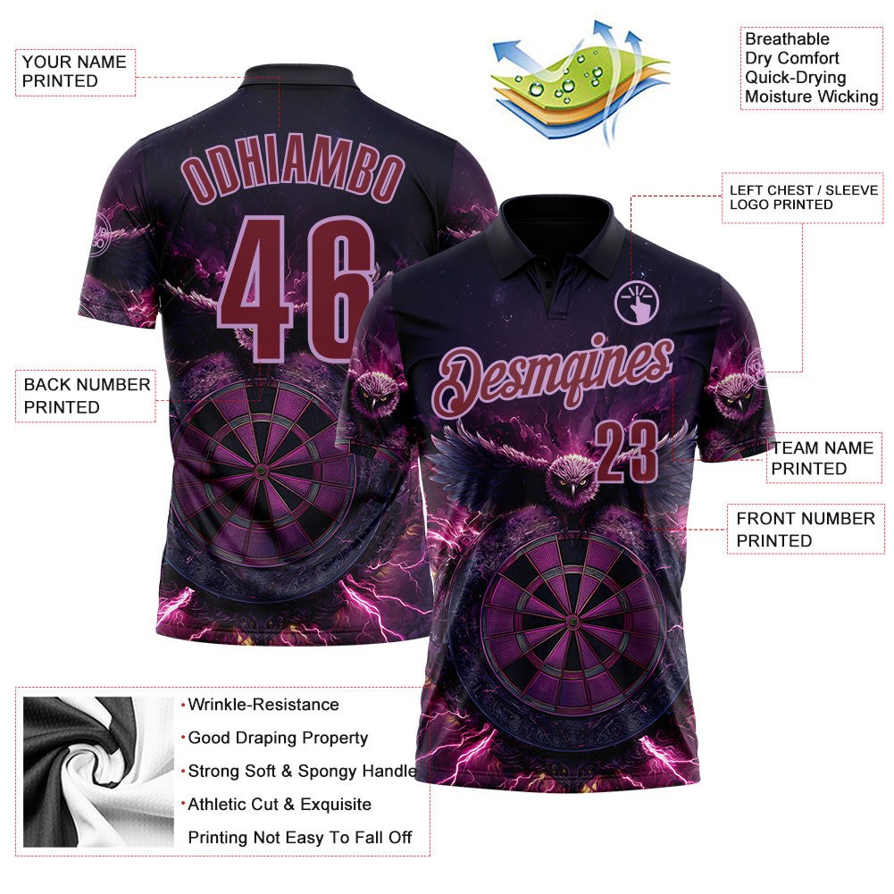 Custom Black Burgundy-Light Purple Darts Eagle Fire Dartboard Performance Polo Shirt photo 3