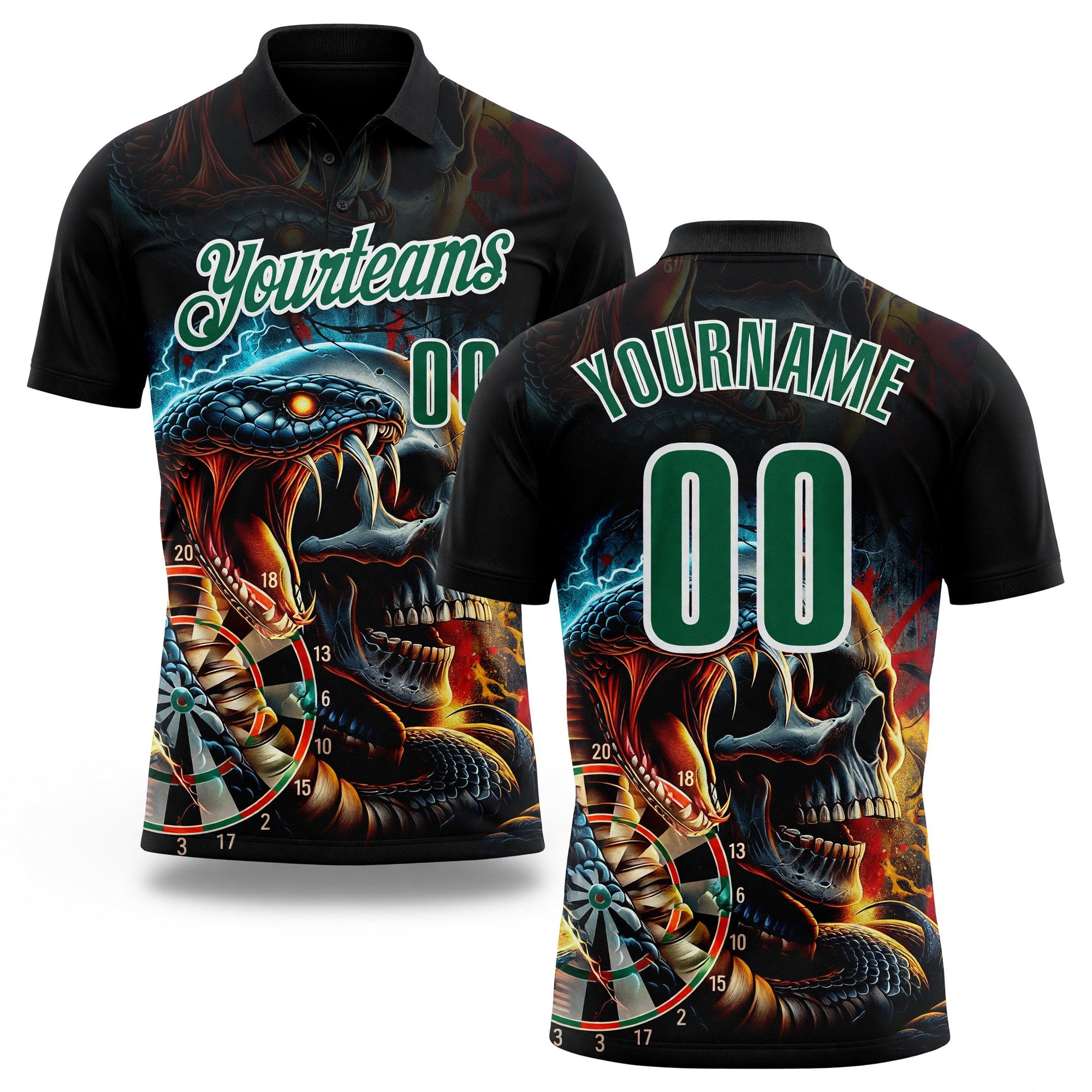 Custom Black Kelly Green-White Darts Viper Skull Lightning Dartboard Performance Polo Shirt