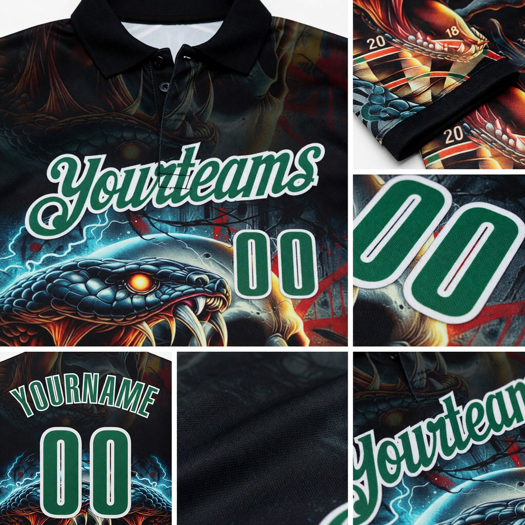 Custom Black Kelly Green-White Darts Viper Skull Lightning Dartboard Performance Polo Shirt detail