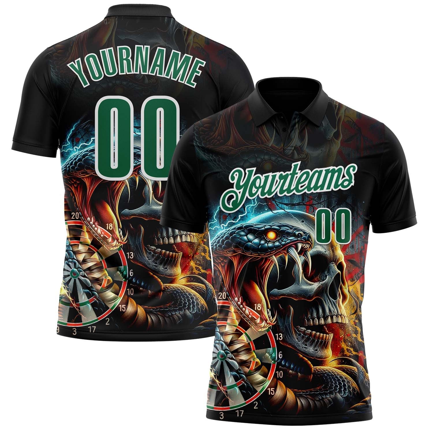 Custom Black Kelly Green-White Darts Viper Skull Lightning Dartboard Performance Polo Shirt photo 1