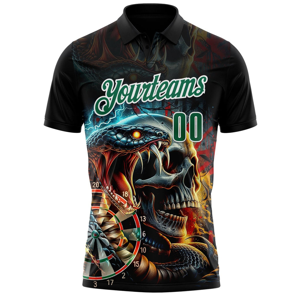 Custom Black Kelly Green-White Darts Viper Skull Lightning Dartboard Performance Polo Shirt photo 2