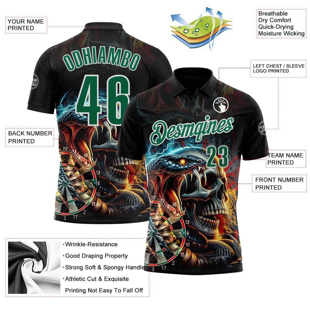 Custom Black Kelly Green-White Darts Viper Skull Lightning Dartboard Performance Polo Shirt photo 3