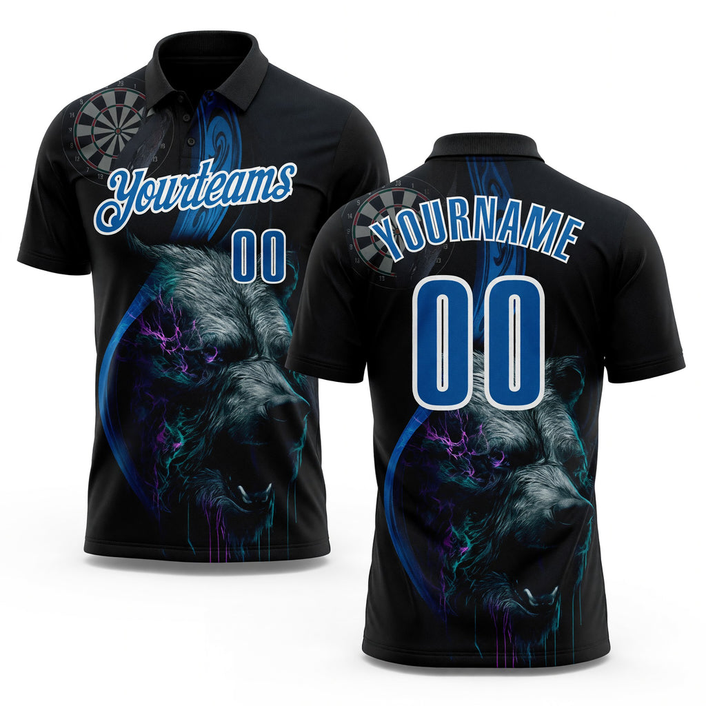 Custom Black Blue-White Darts Bear Dartboard Performance Polo Shirt