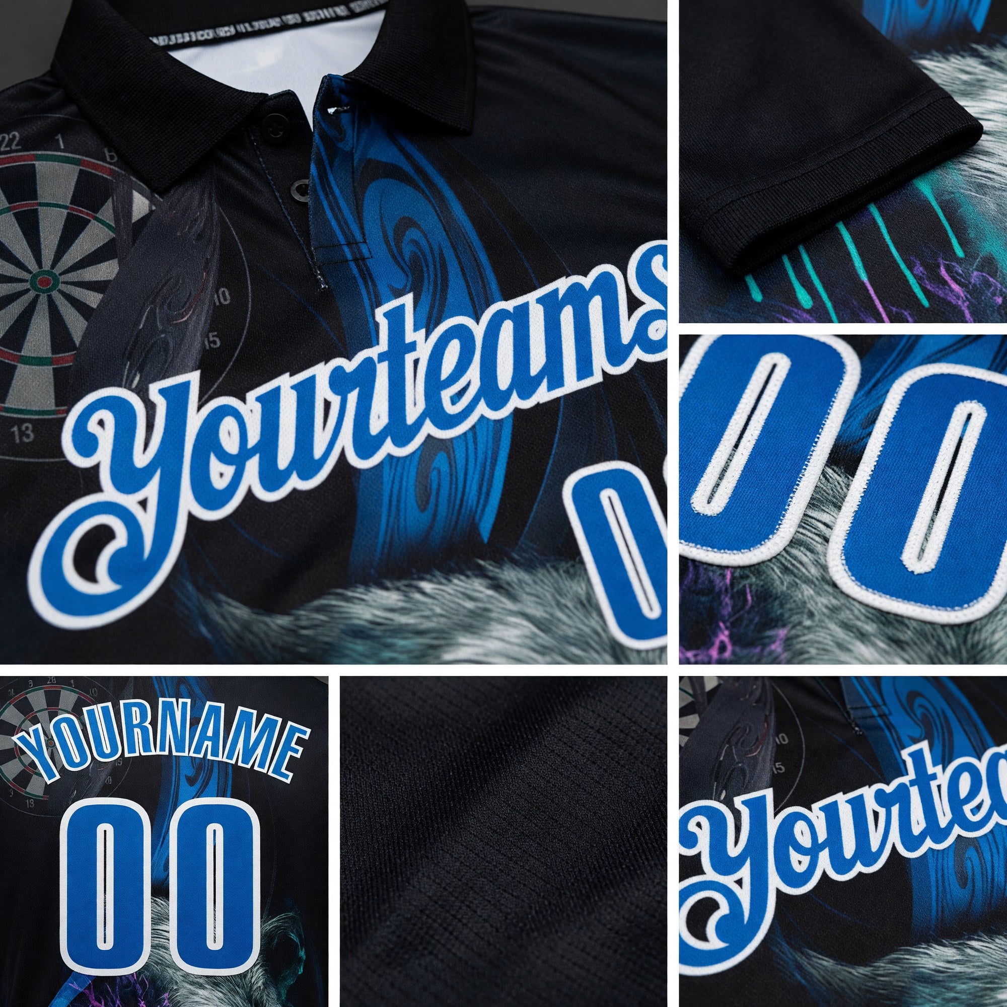 Custom Black Blue-White Darts Bear Dartboard Performance Polo Shirt detail