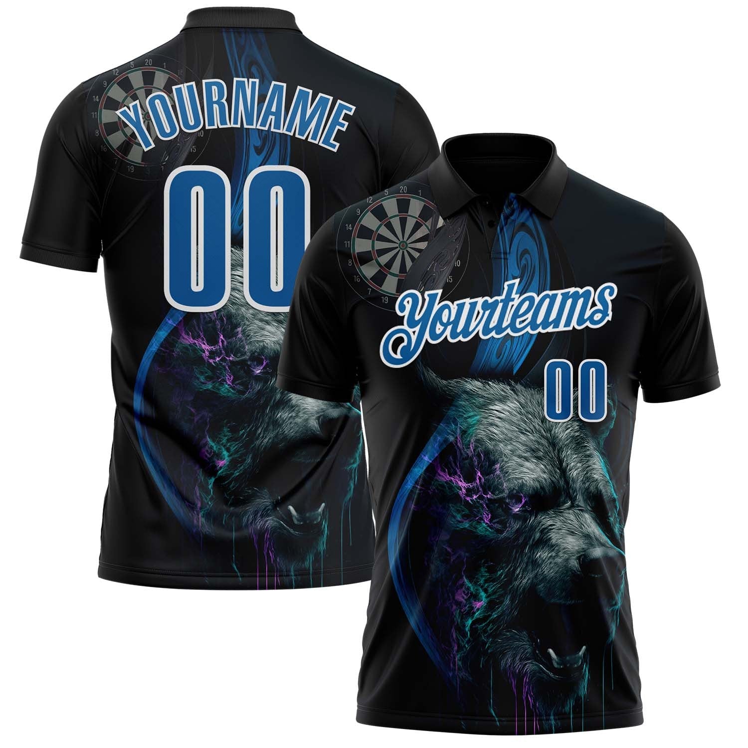 Custom Black Blue-White Darts Bear Dartboard Performance Polo Shirt photo 1