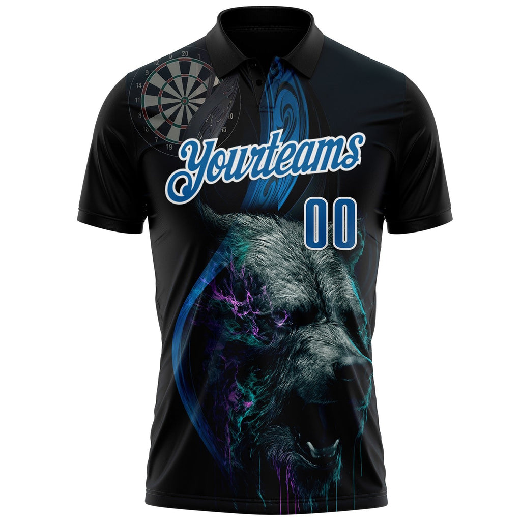 Custom Black Blue-White Darts Bear Dartboard Performance Polo Shirt photo 2