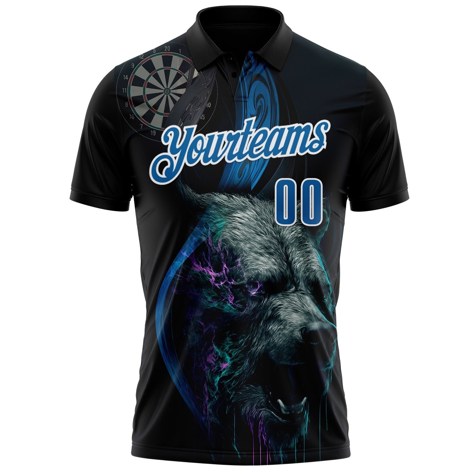 Custom Black Blue-White Darts Bear Dartboard Performance Polo Shirt photo 2