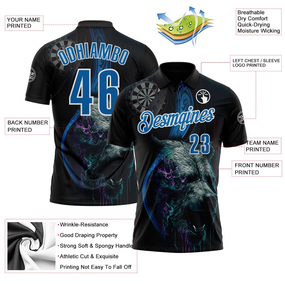 Custom Black Blue-White Darts Bear Dartboard Performance Polo Shirt photo 3