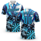Custom White Sky Blue-Black Darts Bull Dartboard Performance Polo Shirt