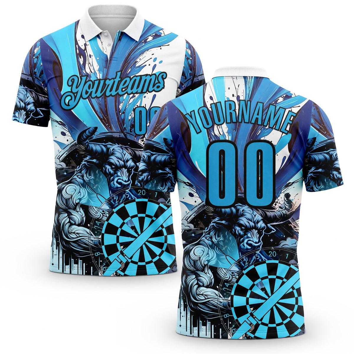 Custom White Sky Blue-Black Darts Bull Dartboard Performance Polo Shirt